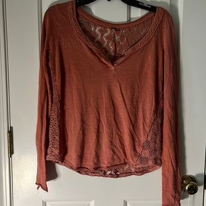Free people crochet-back coral long sleeve tee XS.